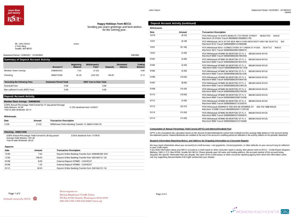 Download Australia BECU bank statement 2 pages Photoshop template